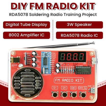 DIY FM Radio Soldering Kit - RDA5807 IC, 50–108MHz Adjustable Frequency, LED Digital Display, 3W Speaker, and Dual Power Supply