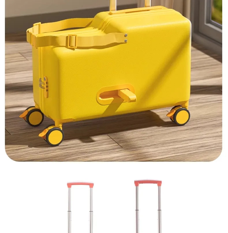 18-Inch Foldable Kids Suitcase with Seat – Lightweight PC Luggage for Boys & Girls, Compact Travel Pedal Boarding Case