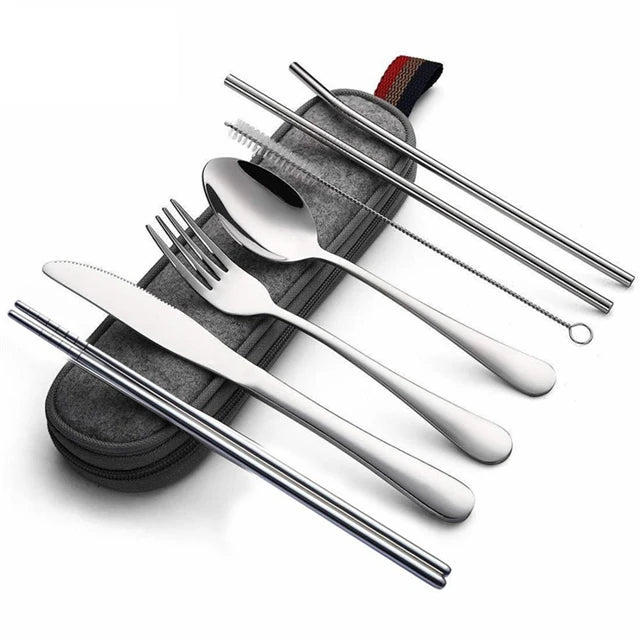 8-Piece Reusable Travel Cutlery Set — Stainless Steel Spoon, Fork, Chopsticks & Straw with Portable Case