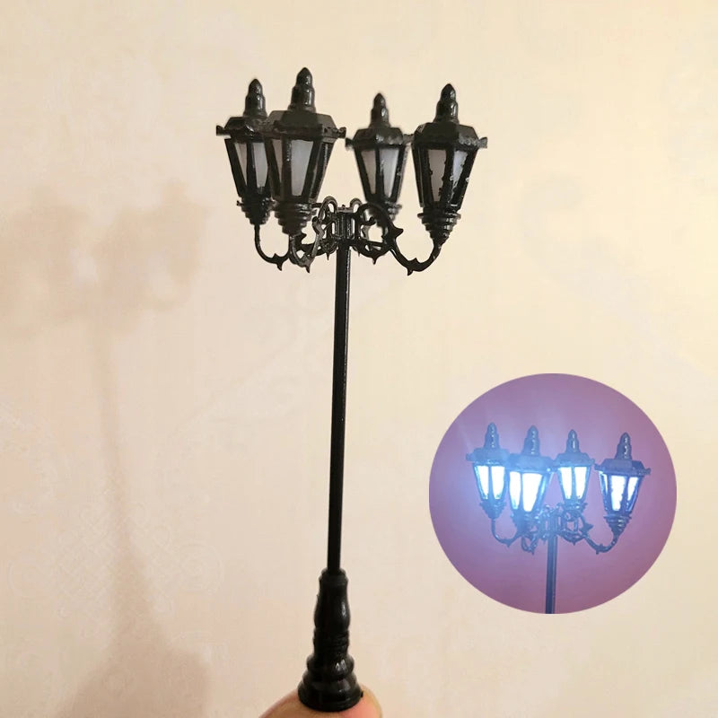 HO Scale Model Lamps – 4-Head 3V Cold White Street & Park Lampposts for Train Layouts & Miniature Gardens