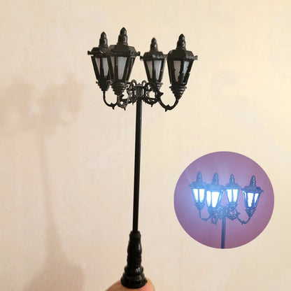 HO Scale Model Lamps – 4-Head 3V Cold White Street & Park Lampposts for Train Layouts & Miniature Gardens