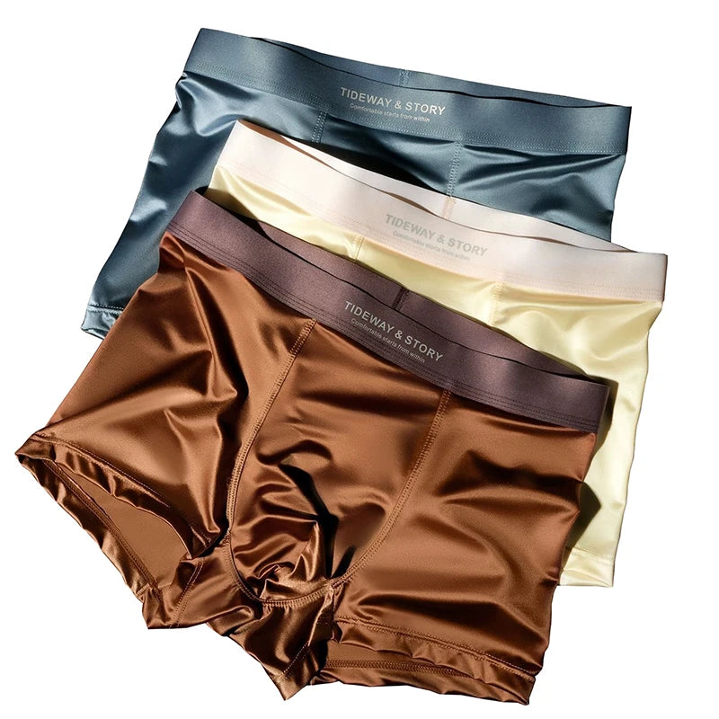 Men’s Ice Silk Underwear - 4PCS Luxury Satin Breathable Seamless Boxer Shorts Flat Corner Design