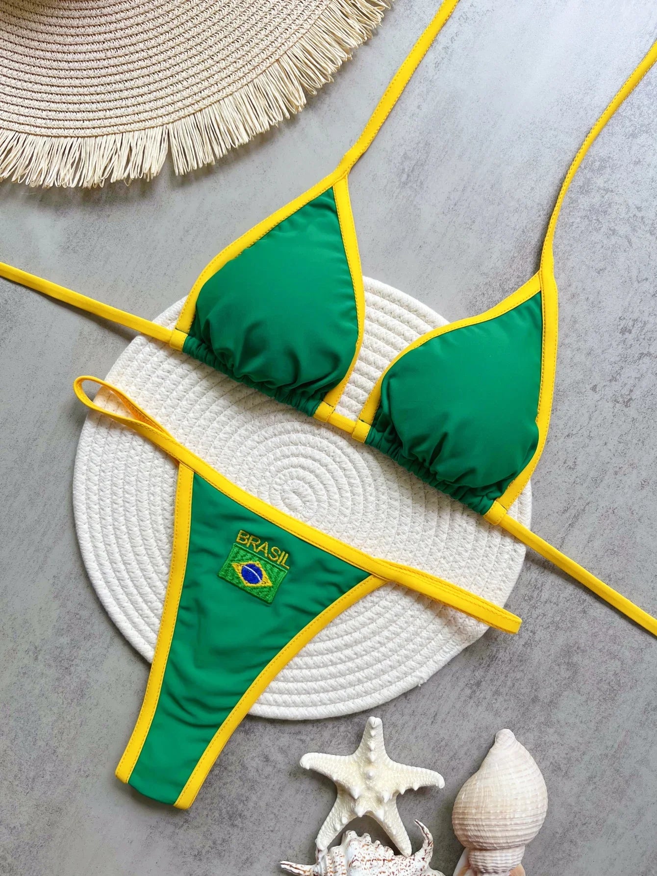 Women’s Brazil Flag Embroidery Bikini Set – Contrast Split Patchwork Swimsuit, Sexy Summer Beachwear Outfit