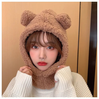Winter Cartoon Bear Lamb Hat with Mask – Thickened Warm Beanie with Ear Protection for Women & Girls