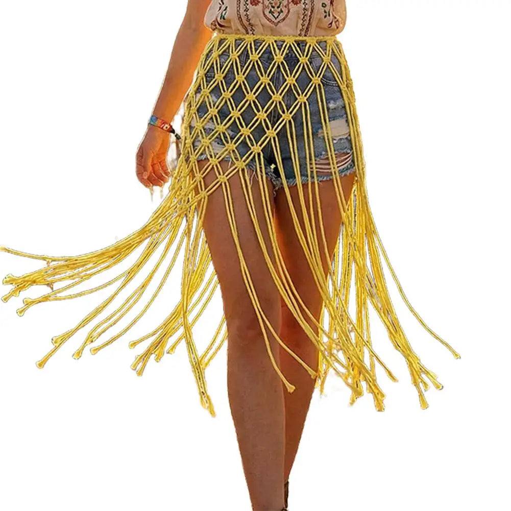 Boho Macrame Waist Belt - Handwoven Tassel Fringe Belt for Dresses & Festivals