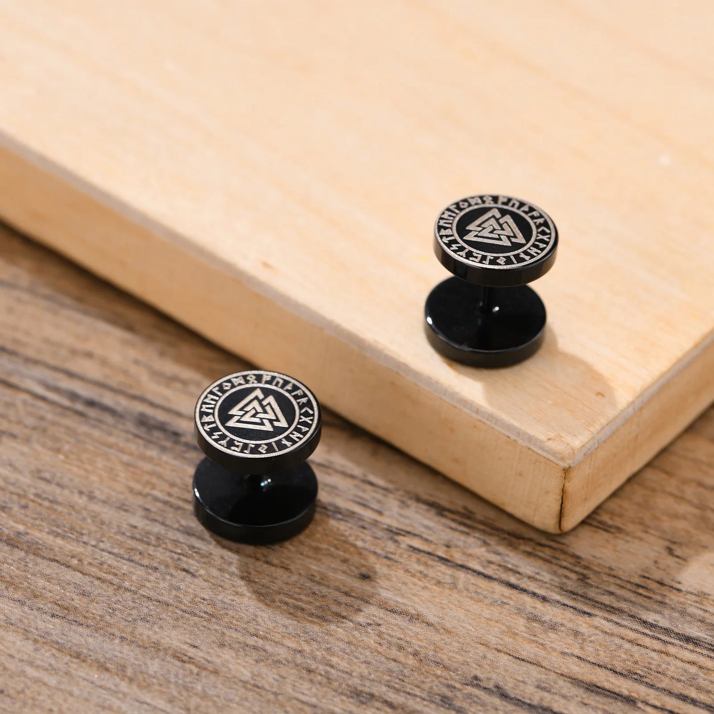 Vnox Men's Viking Black Stud Earrings - Vegvisir & Norse Valknut, Cool Punk Stainless Steel Set