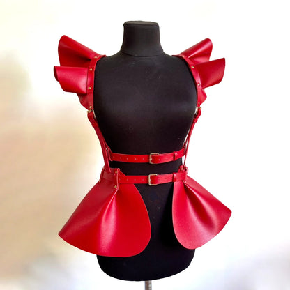 Women’s Gothic Leather Harness Skirt Belt with Ruffle Hem, Fashion Waist & Shoulder Body Harness Clothing Accessory