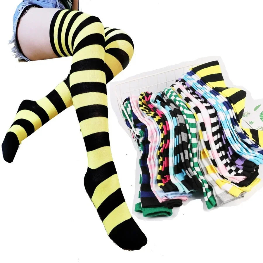 2024 Women's Striped Thigh High Stockings - Long Over-Knee Socks in Black, White & Pink for Cosplay & Harajuku Y2K Style