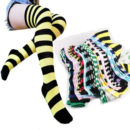2024 Women's Striped Thigh High Stockings - Long Over-Knee Socks in Black, White & Pink for Cosplay & Harajuku Y2K Style