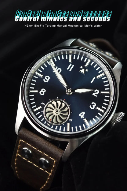 Hruodland 43MM Pilot Men’s Manual Mechanical Watch — Sapphire Crystal, BGW-9 Night Light, Turbine Design, Waterproof 5Bar