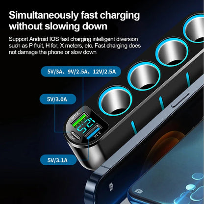7-in-1 Car Fast Charger Adapter - 12–24V 66W PD Dual USB Cigarette Lighter Splitter with 4 Power Sockets