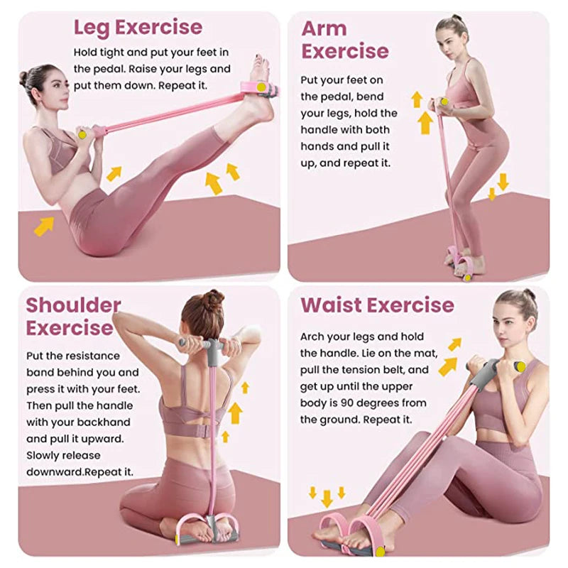 4-Tube Resistance Band with Yoga Pedals - Elastic Pull Rope for Abdominal, Waist, Arm Training & Home Fitness