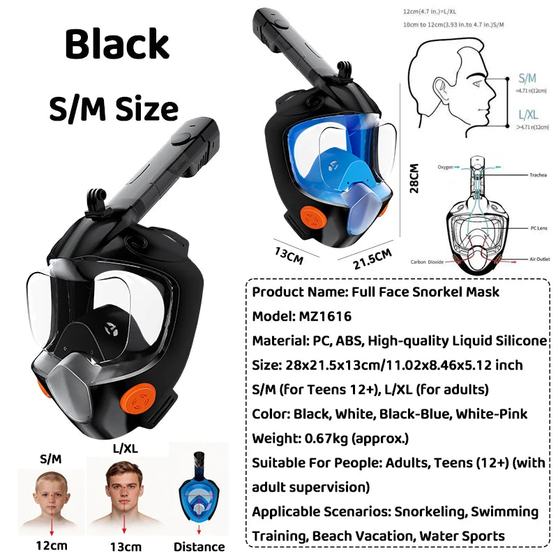 Full Face Snorkel Mask - 180° Panoramic Anti-Fog Dry-Top Leak-Resistant Diving Gear for Adults