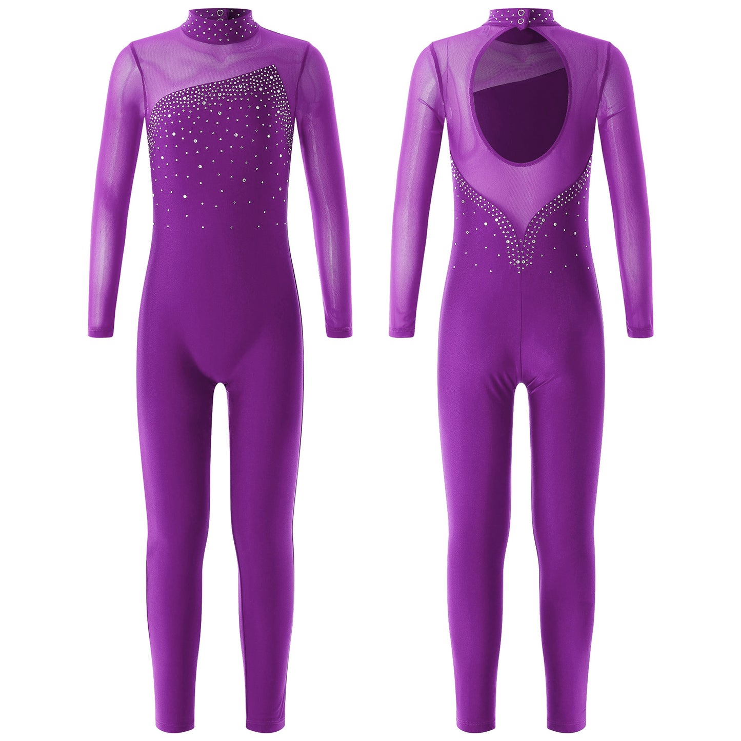 Kids Girls Long Sleeve Rhinestone Bodysuit — Full Body Dancewear Gymnastics Leotard Skating Jumpsuit