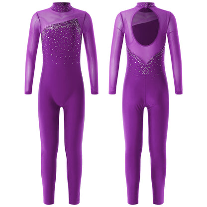 Kids Girls Long Sleeve Rhinestone Bodysuit — Full Body Dancewear Gymnastics Leotard Skating Jumpsuit