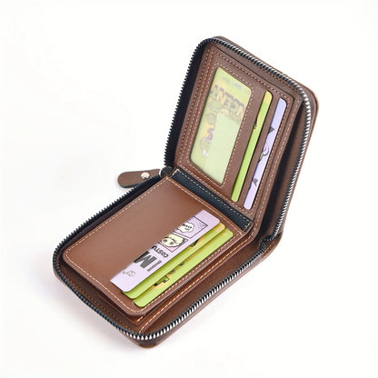 Men’s PU Leather Wallet – Wax Oil Skin Short Purse with Zipper, Coin Pocket & Card Holder
