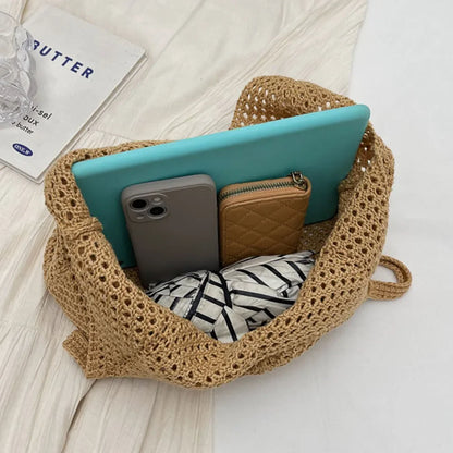 Fashion Women’s Hollow Woven Shoulder Bag – Large Capacity Crochet Tote, Solid Knitting Mesh Handbag for Summer & Beach
