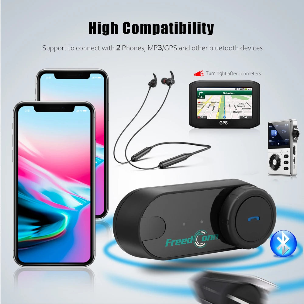 Freedconn T Com VB Motorcycle Helmet Bluetooth Headset — Wireless Stereo Intercom with Call, FM Music & Communication Sharing