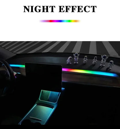 2-in-1 Dynamic Neon RGB Car LED Ambient Lighting – Auto OFF 60s Module for Tesla Model 3 & Y Dashboard Decoration