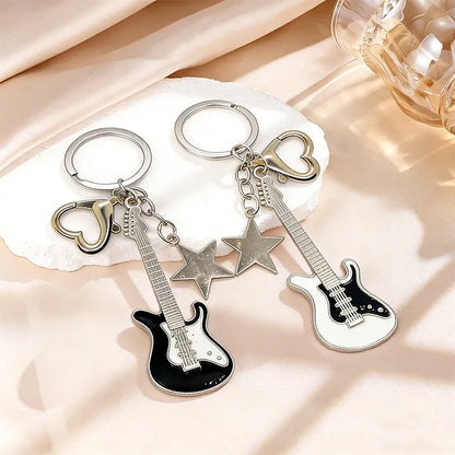 Electric Guitar Couple Keychain Set - Black & White Star Heart Charms for Music Lovers, Bags & Car Keys