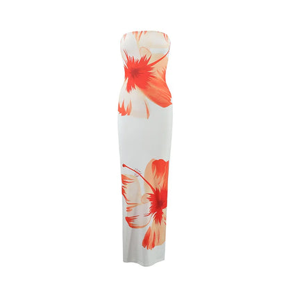Women’s Floral Strapless Maxi Dress - High Waist Slim Fit Summer Vacation & Evening Party Dress