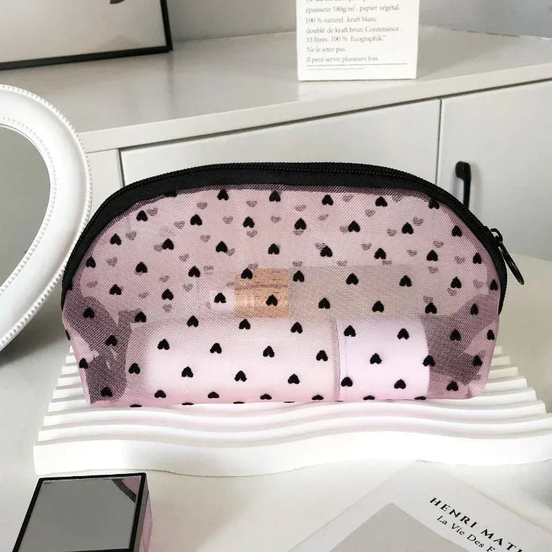 Nylon Mesh Heart-Shaped Cosmetic Bag — Zipper Toiletry & Makeup Organizer Pouch for Women, Multifunctional Lipstick, Key, and Coin Purse