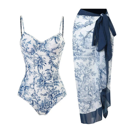 Blue One-Shoulder Ruffle Floral Monokini Swimsuit with Cover Up Sexy One Piece Beach Swimwear for Women Summer