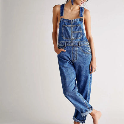 Women’s Denim Overalls - Loose Fit Stretchy Bib Jumpsuit with Tapered Leg Casual Jean Pants