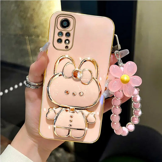 Mirror Rabbit Flower Strap Case for Xiaomi Redmi Note 11 / 12 / 10 / 9 Series – Pro Max Stand Phone Cover with Decorative Strap & Protective Design