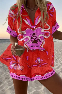 Women’s Summer 2-Piece Set – Lapel Short-Sleeve Shirt & Shorts, Elegant Loose Printed Outfit