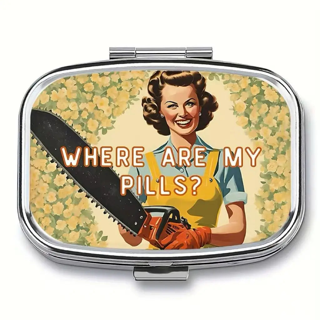 “Where Are My Pills?” Metal Pill Box - Retro 2-Compartment Portable Travel Medicine Organizer