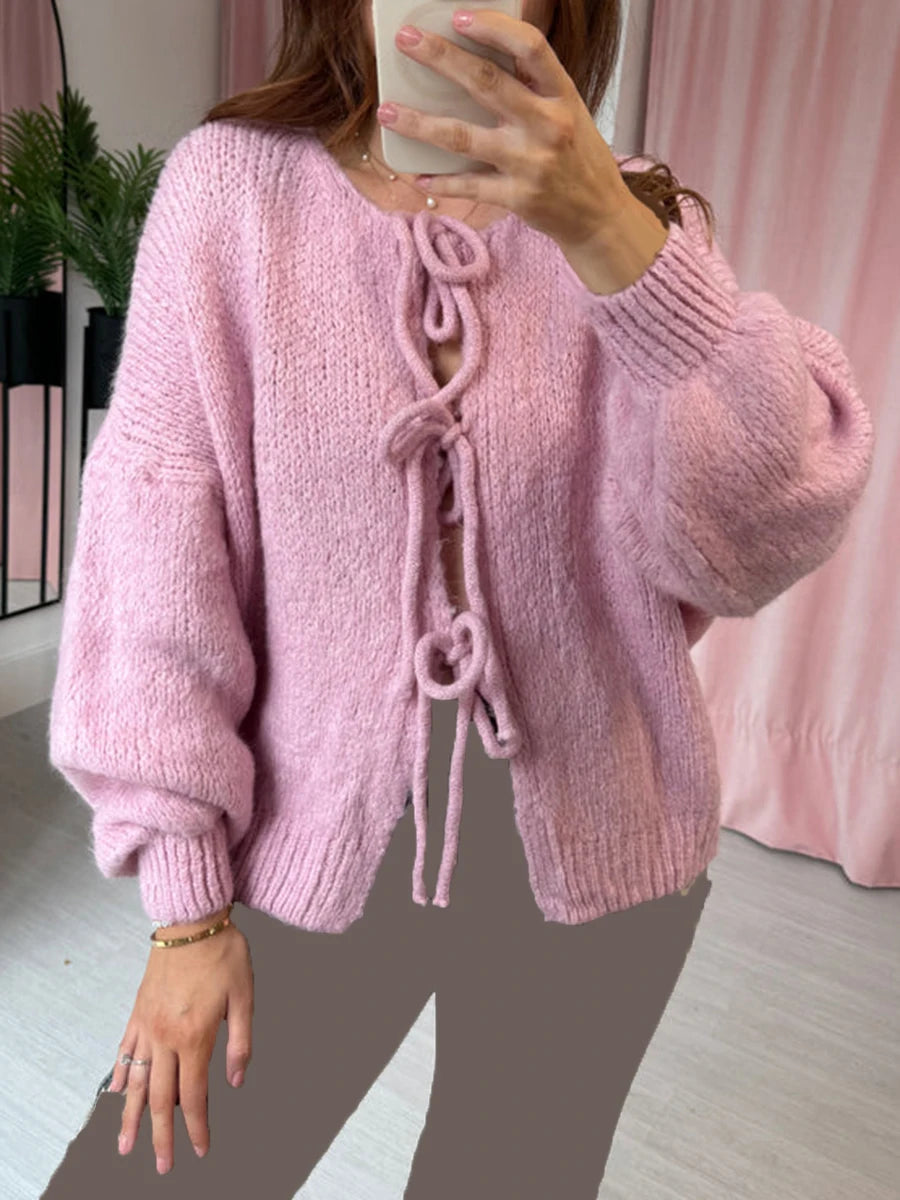 Fashion Knitted Bow Lace-Up Cardigan for Women – Y2K Open Front Sweater, Sweet Lantern Sleeve Oversized Knit Cardigan