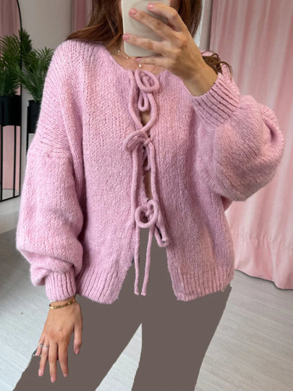 Fashion Knitted Bow Lace-Up Cardigan for Women – Y2K Open Front Sweater, Sweet Lantern Sleeve Oversized Knit Cardigan