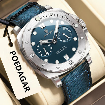 POEDAGAR Men’s Military Watch – Waterproof Luminous Quartz Watch with Date, Nylon & Leather Strap, Fashionable Men’s Timepiece