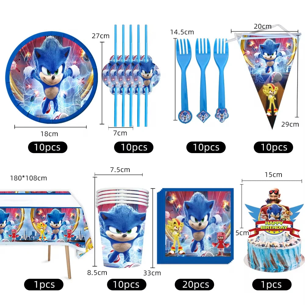 Sonic Cartoon Party Supplies Set – Disposable Tableware with Plates, Cups, Napkins & Balloons for Boys’ Birthday & Baby Shower Decor