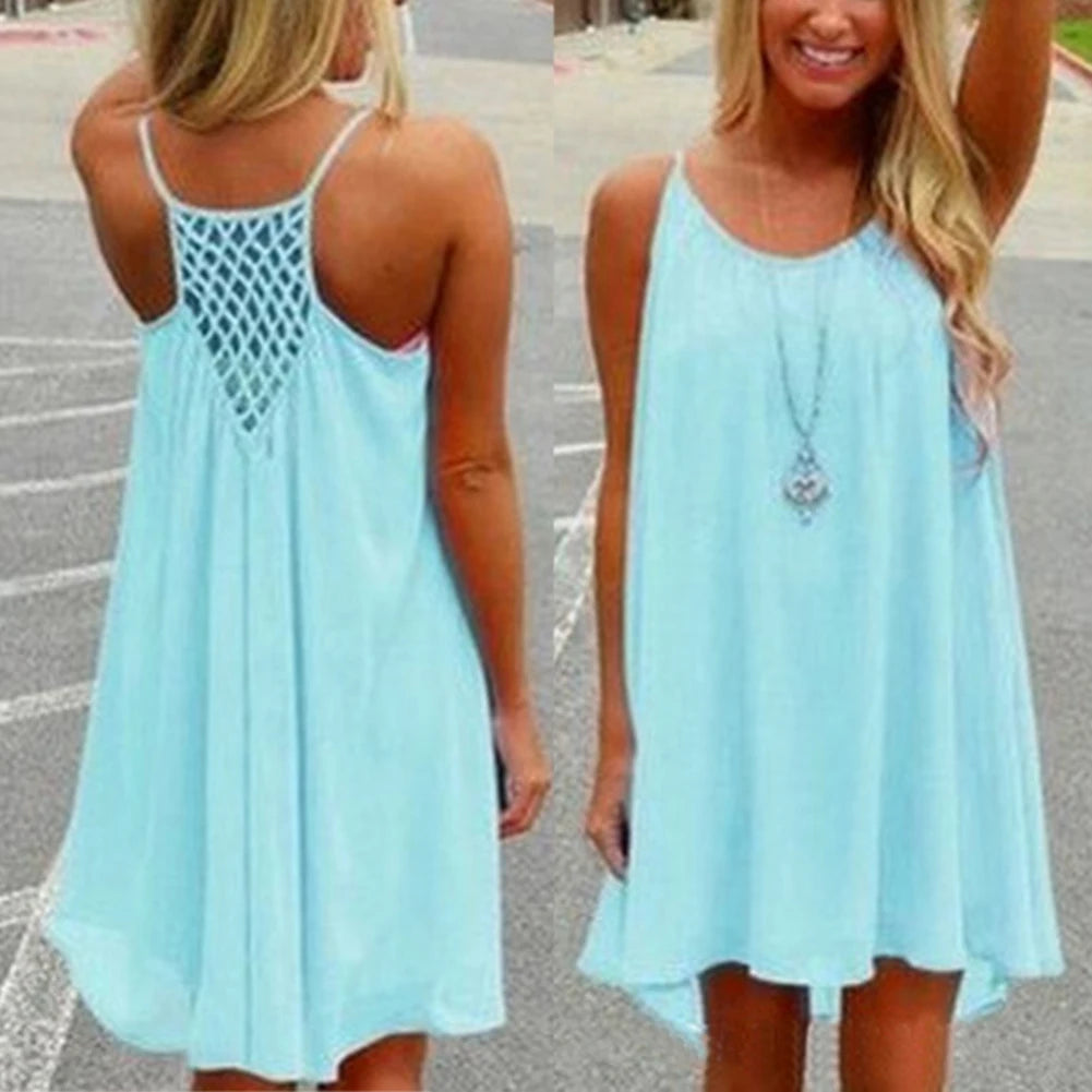 Women’s Summer Backless Beach Dress - Sexy Sleeveless Strap Casual Evening Party Outfit