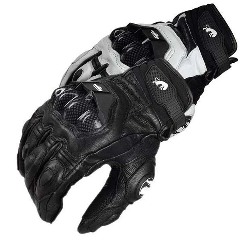 Men's Genuine Leather Motorcycle Gloves: Black Racing Style for Summer and Winter Road Riding - White Team Glove