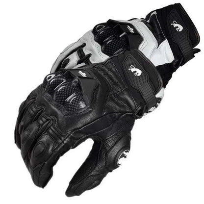 Men's Genuine Leather Motorcycle Gloves: Black Racing Style for Summer and Winter Road Riding - White Team Glove