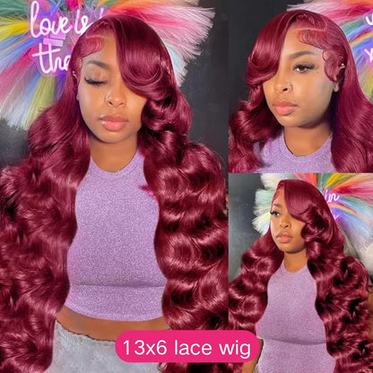 99J Burgundy Lace Frontal Wig – 13x6 Body Wave HD Transparent Lace Front Human Hair, Pre-Plucked 99J Red Color