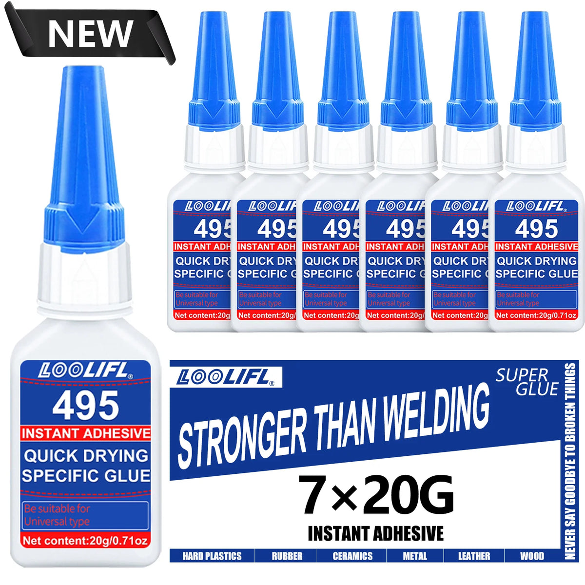 7-Piece LOOLIFL 495 Super Glue Set - Fast-Drying Transparent Cyanoacrylate Adhesive for Strong, Long-Lasting Plastic Bonding