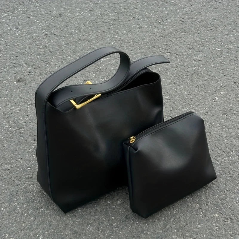 Women’s Retro Faux Leather Tote Bag – Minimalist Shoulder Bucket Handbag with PU Lining