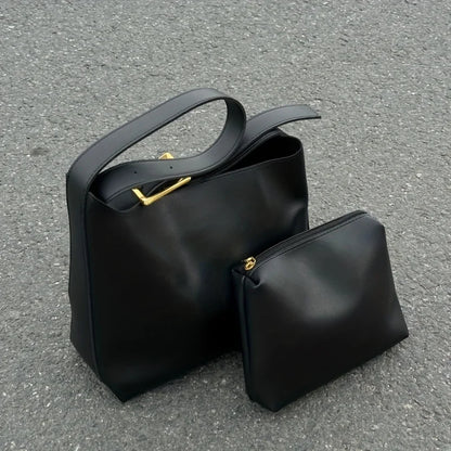 Women’s Retro Faux Leather Tote Bag – Minimalist Shoulder Bucket Handbag with PU Lining