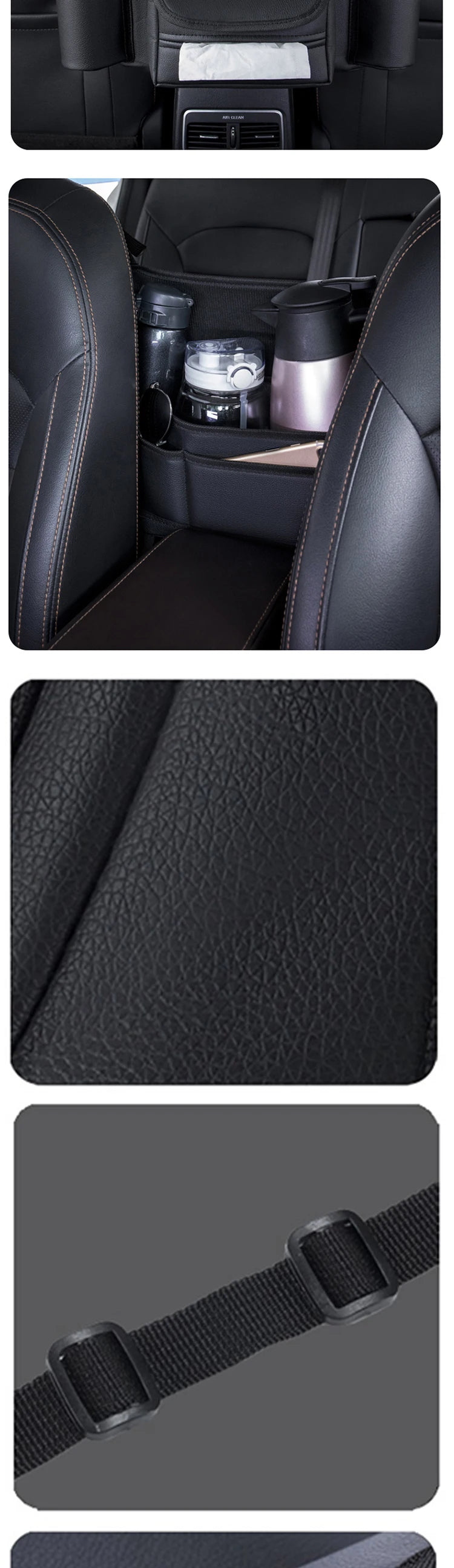Car Seat Middle Hanger Leather Storage Bag – Multifunction Hanging Organizer with Handbag Holder, Water Cup & Tissue Pockets