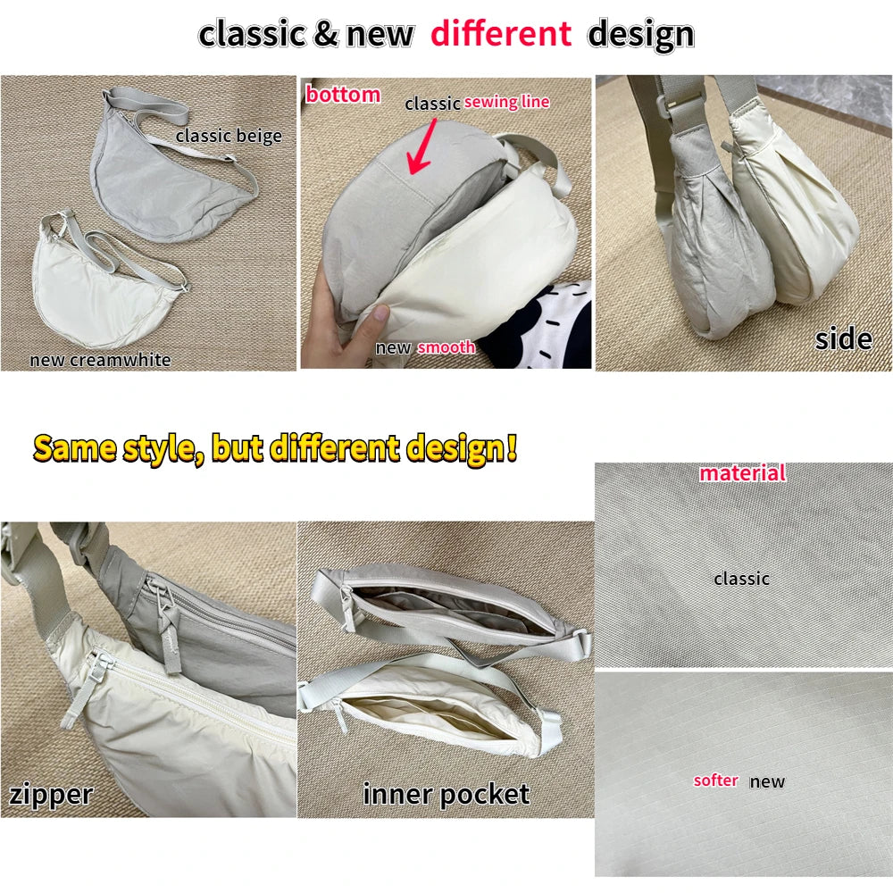 Solid Color Women's Portable Shoulder Bag – Simple Nylon Cloth Padded Crossbody Travel Purse & Messenger Bag