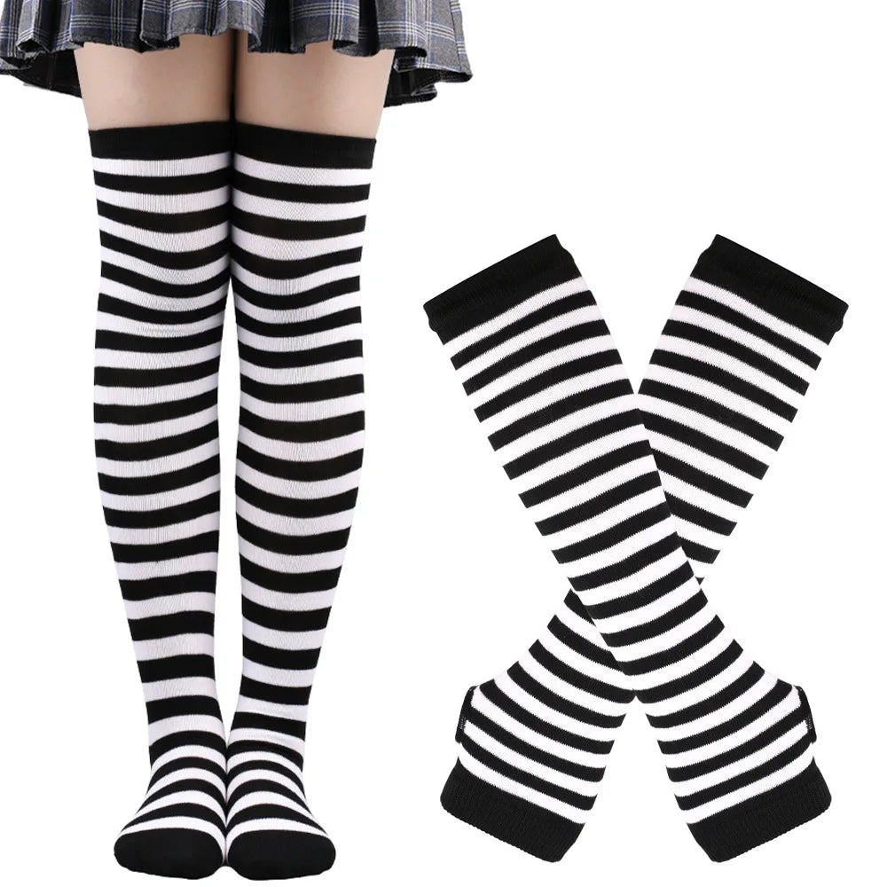 Women & Girls Over Knee Long Stripe Printed Thigh High Cotton Socks – Cute Plus Size Arm Sleeve Gloves & Overknee Socks