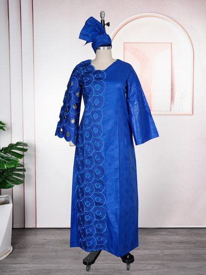 Plus Size African Dashiki Dresses - 2026 Ankara Embroidery Bazin Riche Wedding & Party Dress with Headscarf