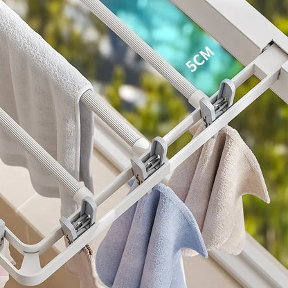 Wall-Mounted Folding Drying Rack with Windproof Sock Clips – Space-Saving Clothing Hanger for Household Laundry