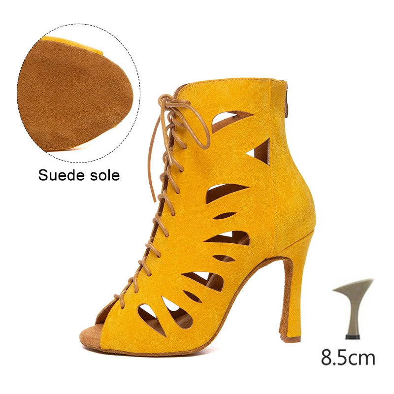 HROYL Women’s Latin Dance Shoes – Lace-Up Hollow Fish Mouth Jazz & Tango High Heels 6-10CM
