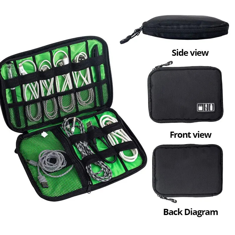 Portable Electronic Accessory Organizer: Black Green Storage Bag for USB Cables, Chargers & More - Waterproof Travel Case