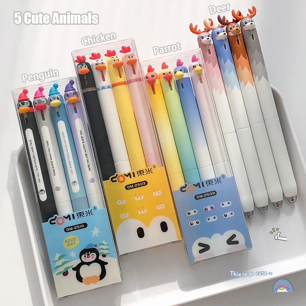 4-Piece Cute Animal Gel Pen Set - 0.5mm Quick-Drying Black Ink Pens with Baby Chicken & Penguin Designs